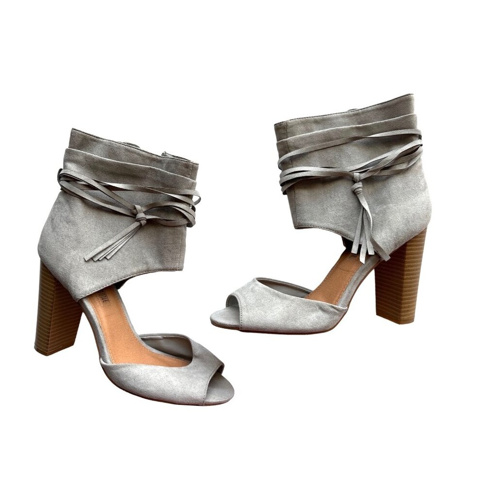Leila Stone Gray Ankle Boots Heeled Sandals Side Zippers Wood Stacked Heel 9.5